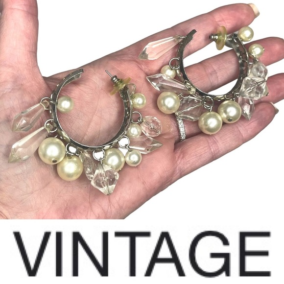 Vintage Jewelry - Vintage 60’s Crystal and Pearl Hoop Statement Earrings